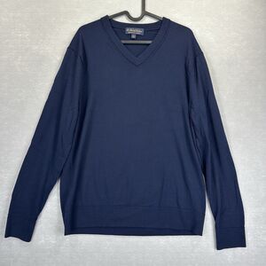 Brooks Brothers Brookstech Merino Wool Sweater Mens LG V-Neck Navy Blue Preppy